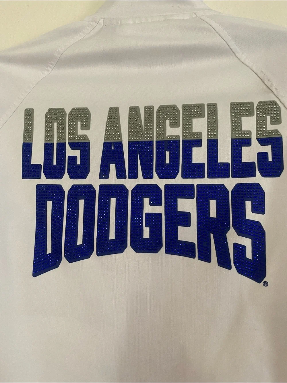 LOS ANGELES DOCKERS Logo White Varsity Jacket with Blue & Gray Stripes. Size XS